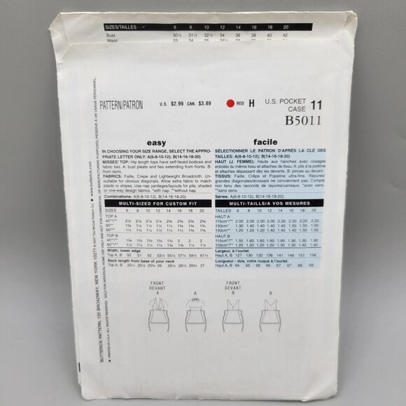 Butterick See & Sew Misses' Top Halter Tank Pattern B5011 Size 14-20 UNCUT - Picture 3 of 3